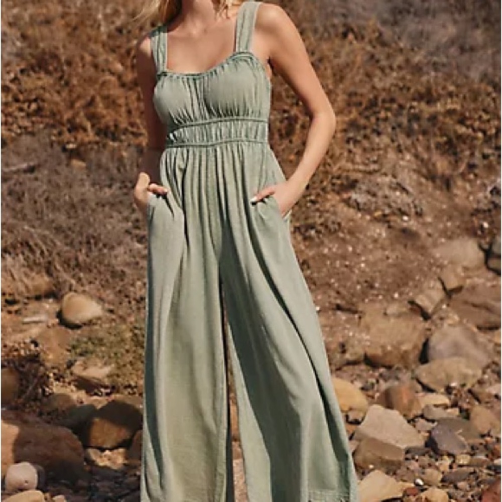 Anthropologie Sage Green Wide-Leg Jumpsuit